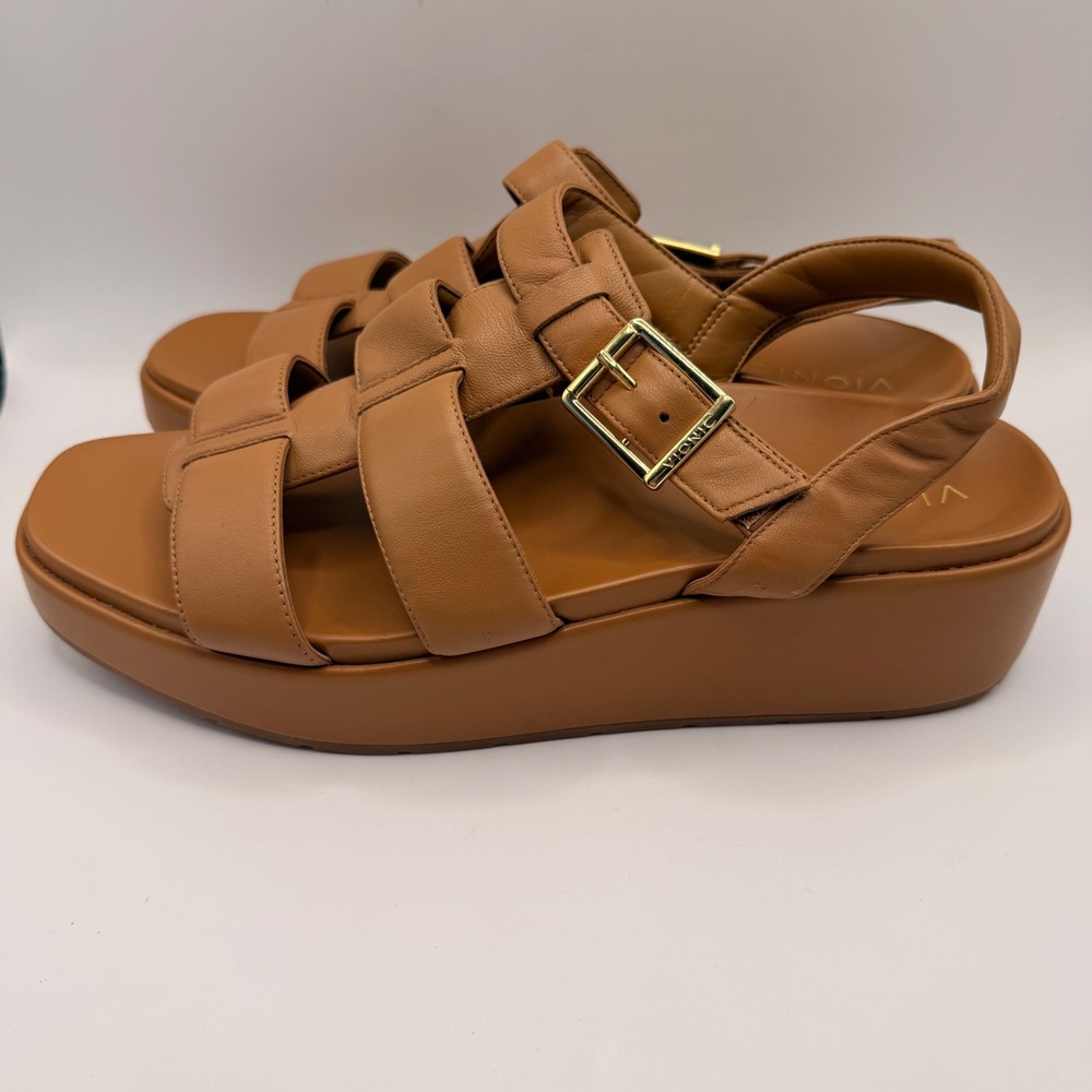 Vionic Delano Caramel Leather Platform Fisherman Sandals‎ Size 11 NEW